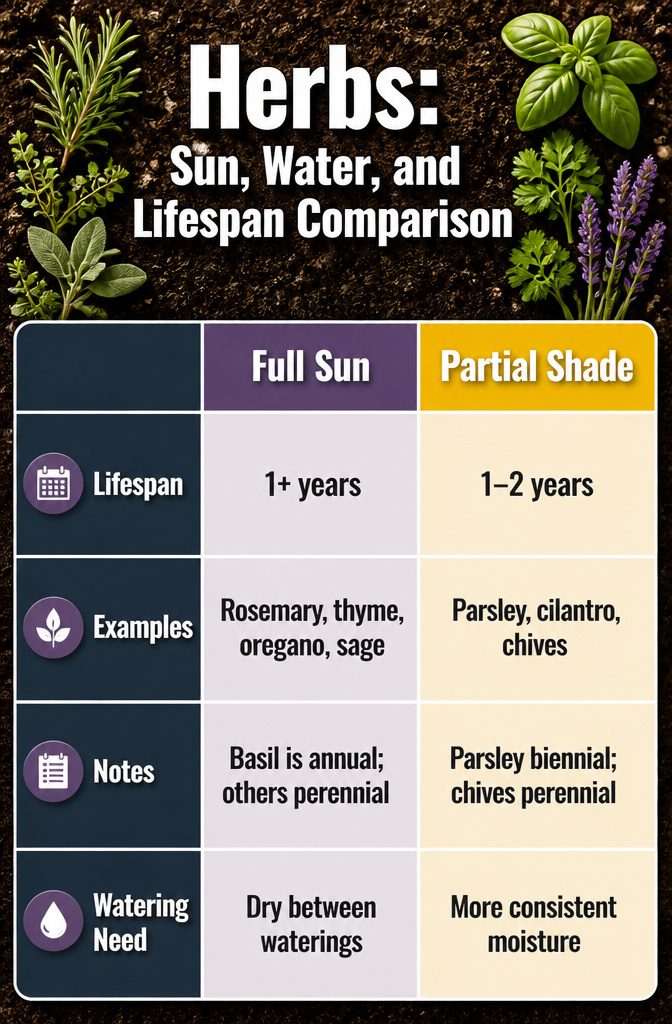 Growing Herbs Outdoors: Planting, Watering and Harvesting Tips 12 Information chart detailing herbs' sunlight and water requirements.