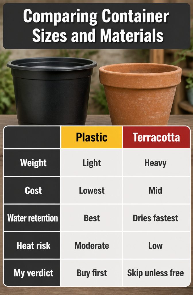 Different pot sizes and materials displayed together.