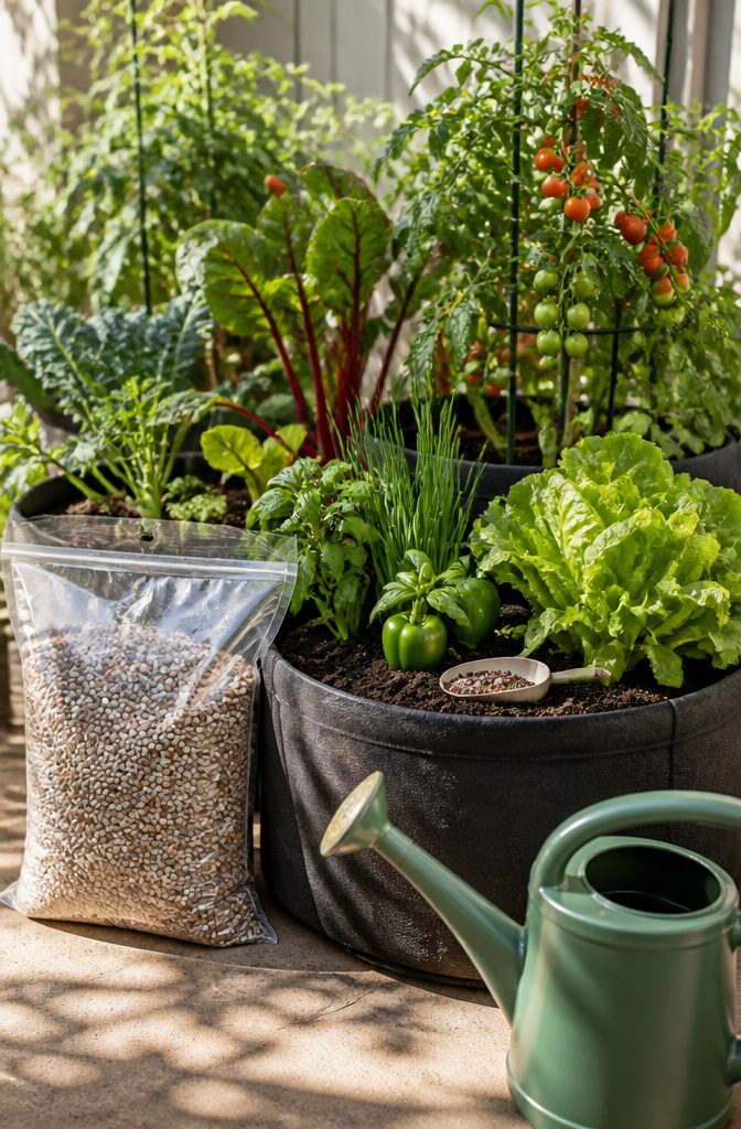 A bag of granular fertilizer placed next to a vegetable container garden.