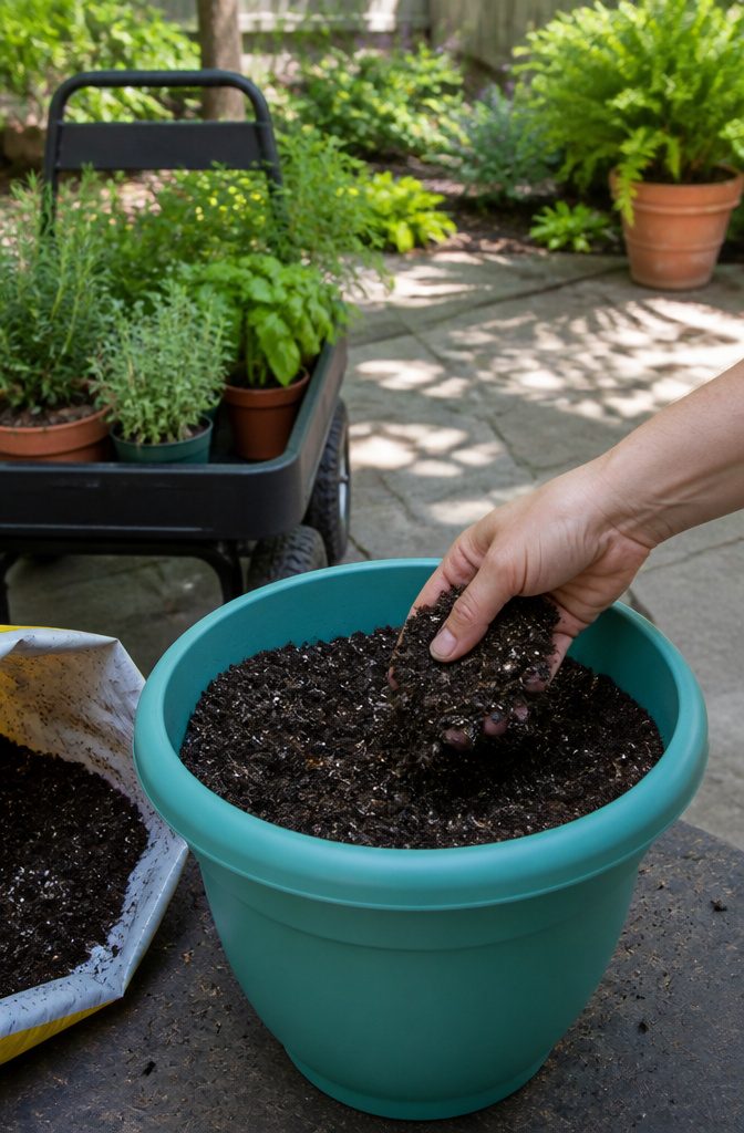 A hand filling a plastic pot with potting mix, leaving a gap at the top.