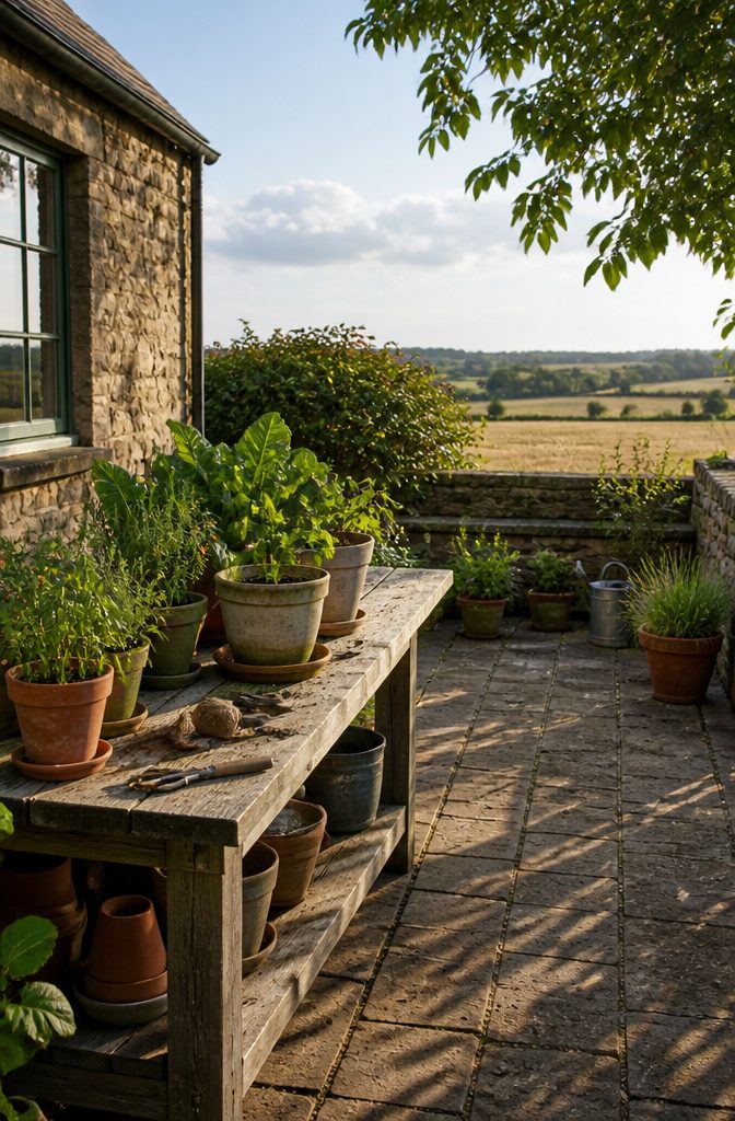A gardener inspecting the leaves of potted plants for pests.