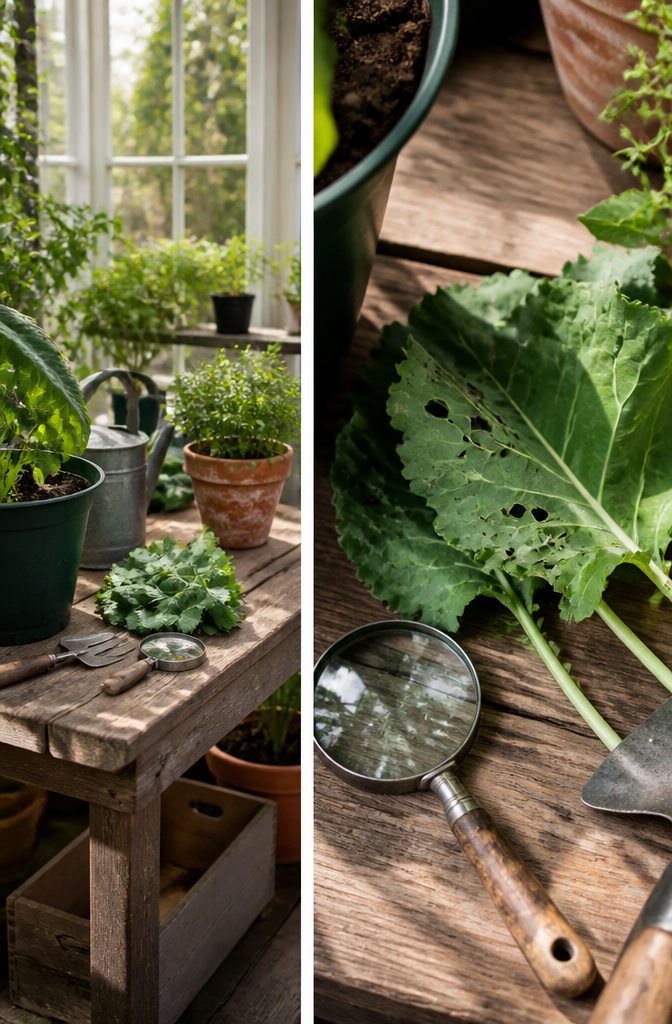 A gardener examining potted plants for signs of pests.