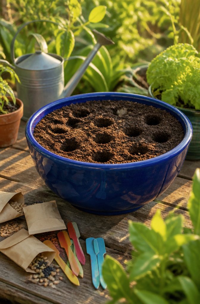Freshly planted vegetables in a container, showing careful spacing.