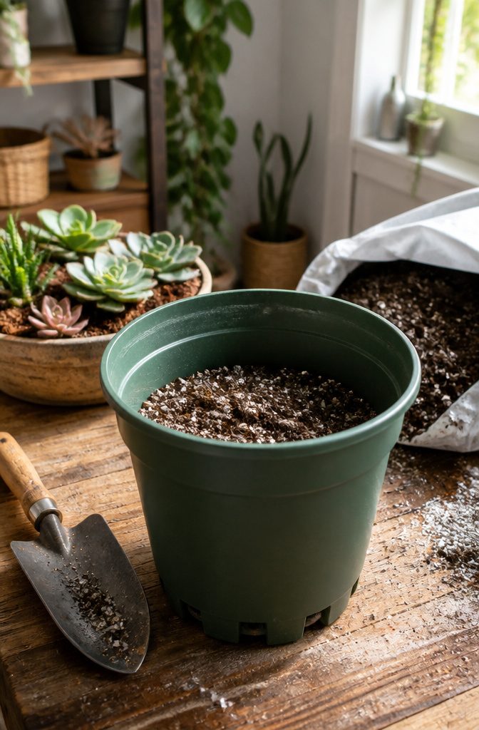 A plastic pot filled with potting mix and visible drainage holes.
