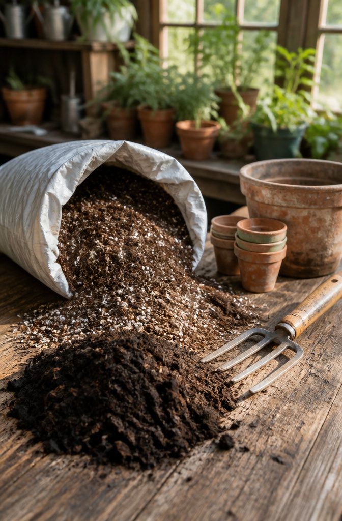 A bag of potting mix spilling onto a wooden surface with compost nearby.