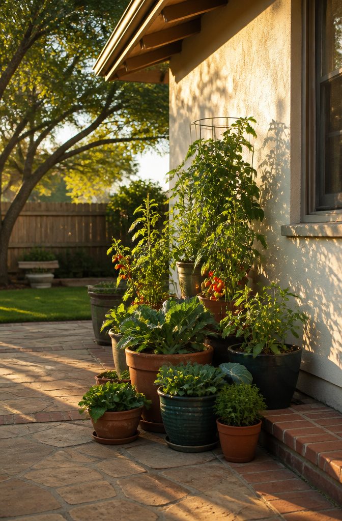 Vegetable pots positioned in a sunny garden area.