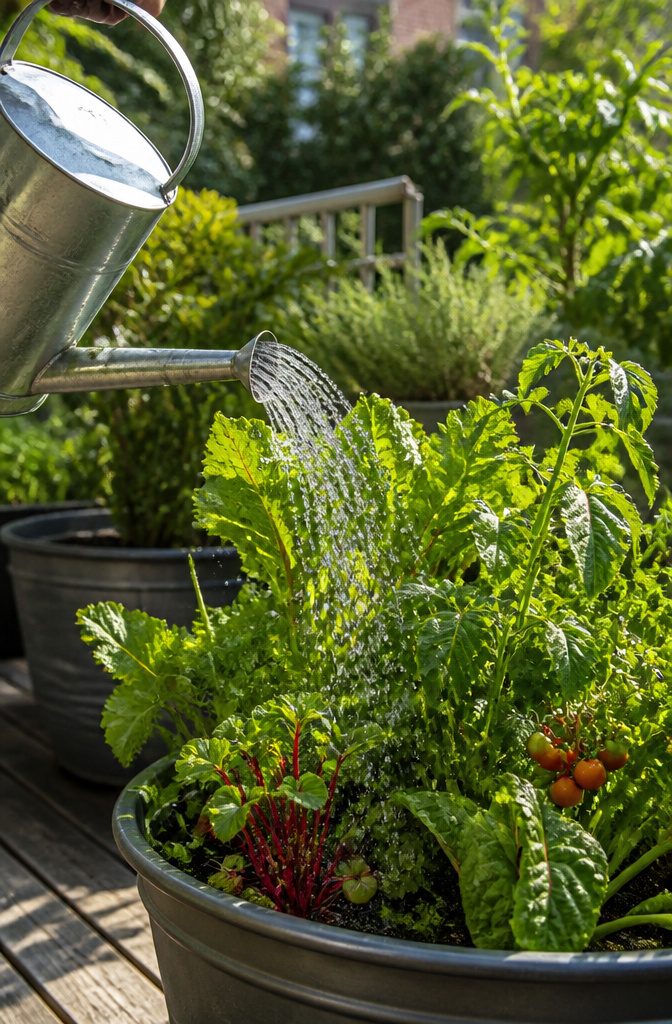 A watering can pouring water into a container filled with vegetables.