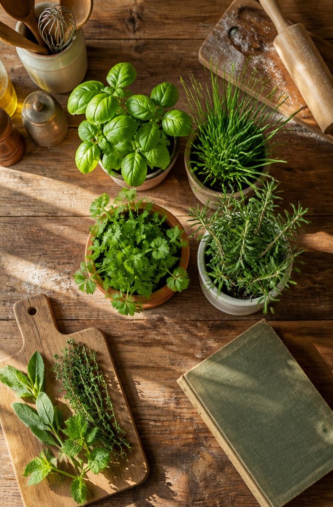 A selection of fresh herbs arranged on a cutting board.