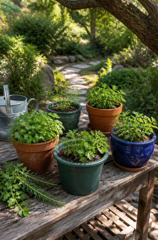A variety of container planters with herbs on a weathered table.