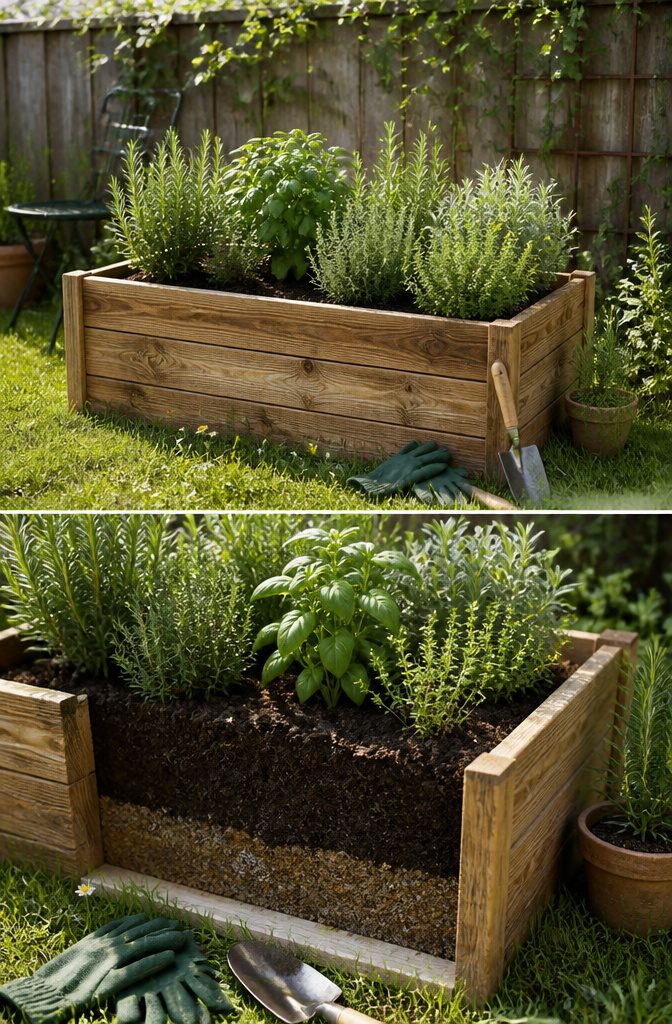 Cedar, steel, and terra cotta materials for DIY planters.