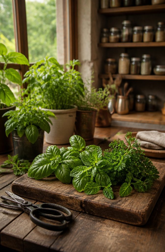Freshly cut herbs on a wooden cutting board with garden shears.
