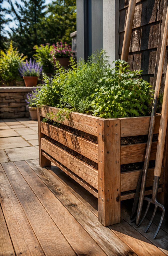 A raised herb planter with various herbs growing inside.