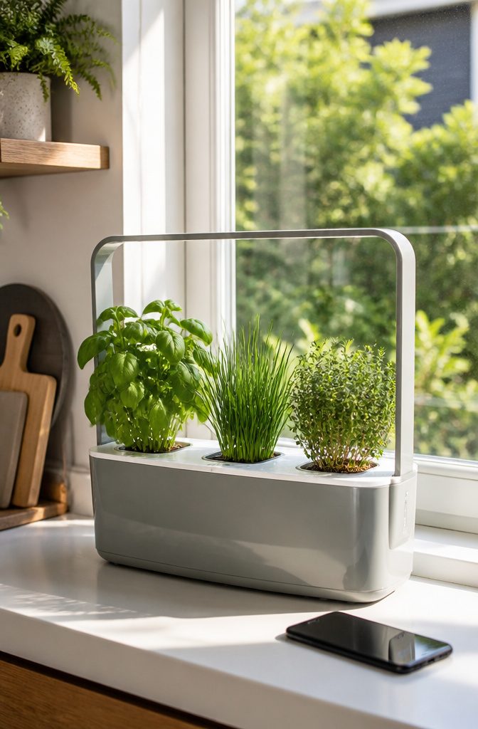 A smart herb planter with three labeled pots on a windowsill.