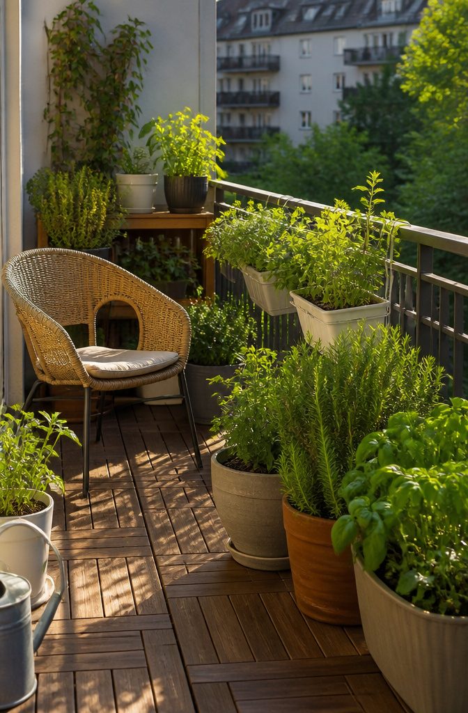 A balcony filled with various herbs spaced for sunlight.