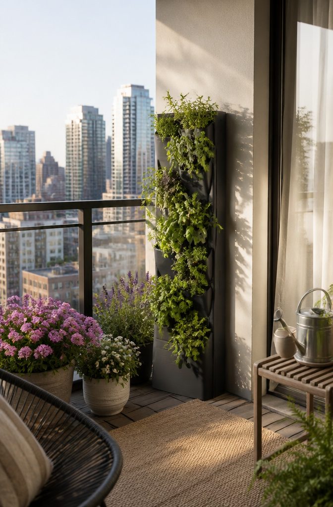 A vertical herb planter with multiple layers of herbs.