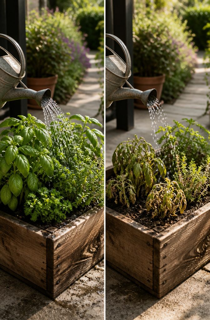 A hand checking the soil moisture in a planter box.
