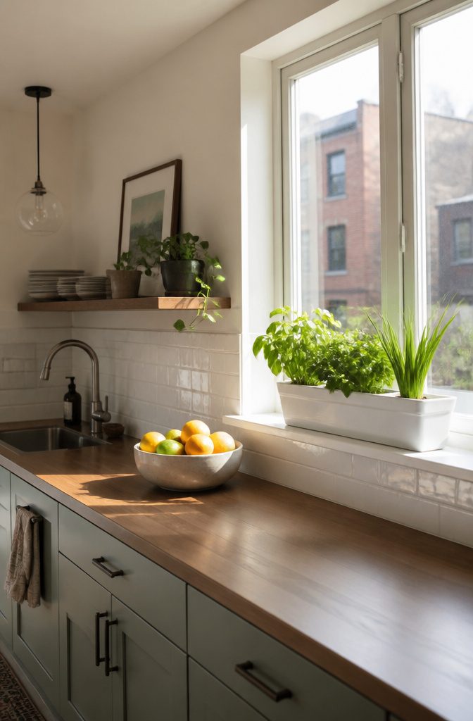 Compact planters with herbs on a kitchen windowsill.