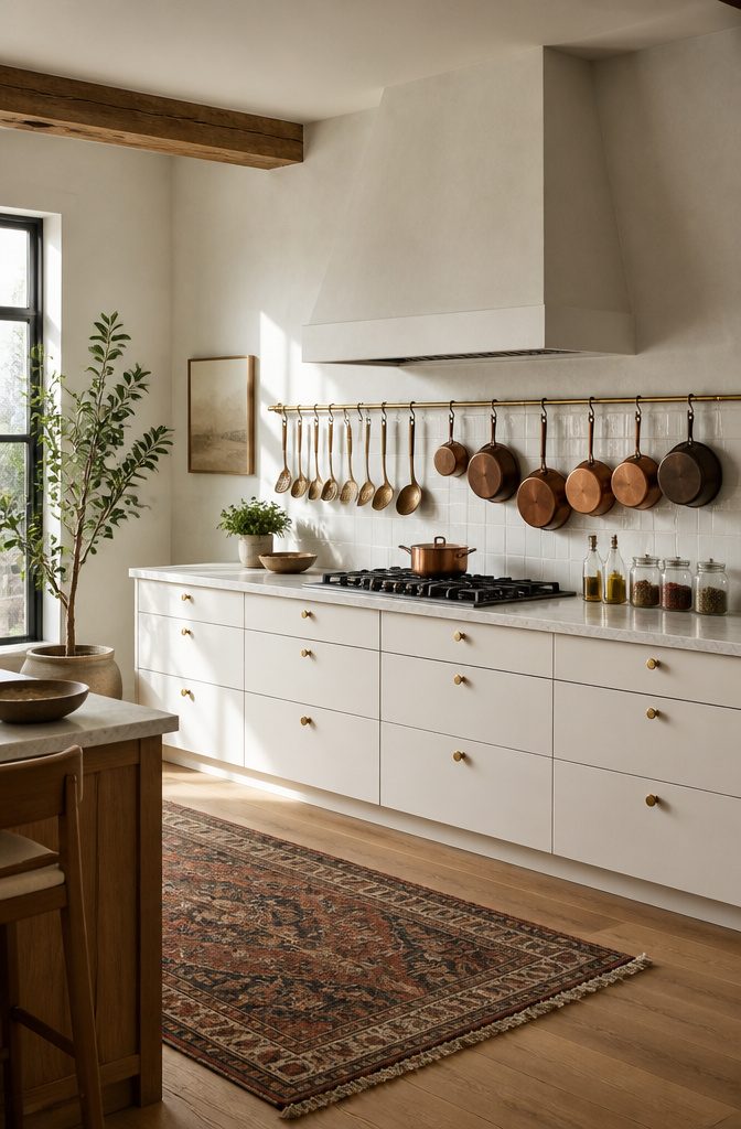 Bronze hanging rail with utensils mounted above a kitchen stove.