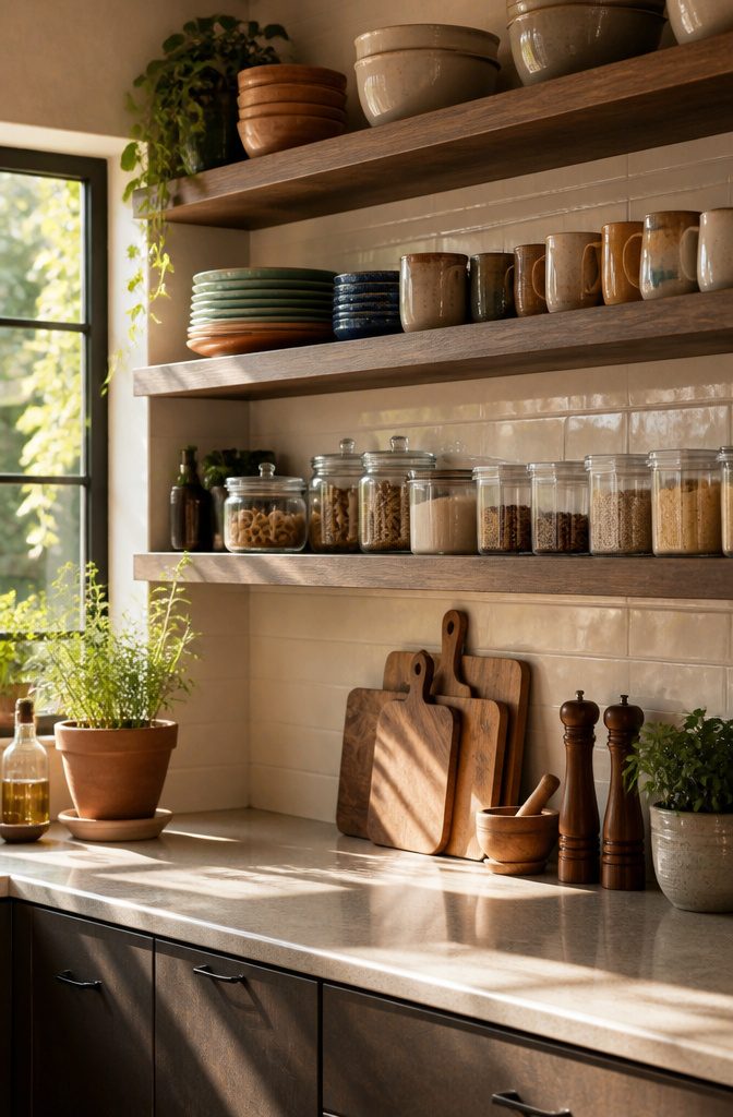 Wooden open shelves with dishware and glass jars in a kitchen.