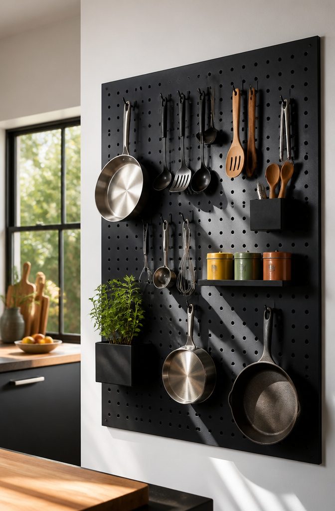 Metal pegboard mounted on a wall with various kitchen tools.
