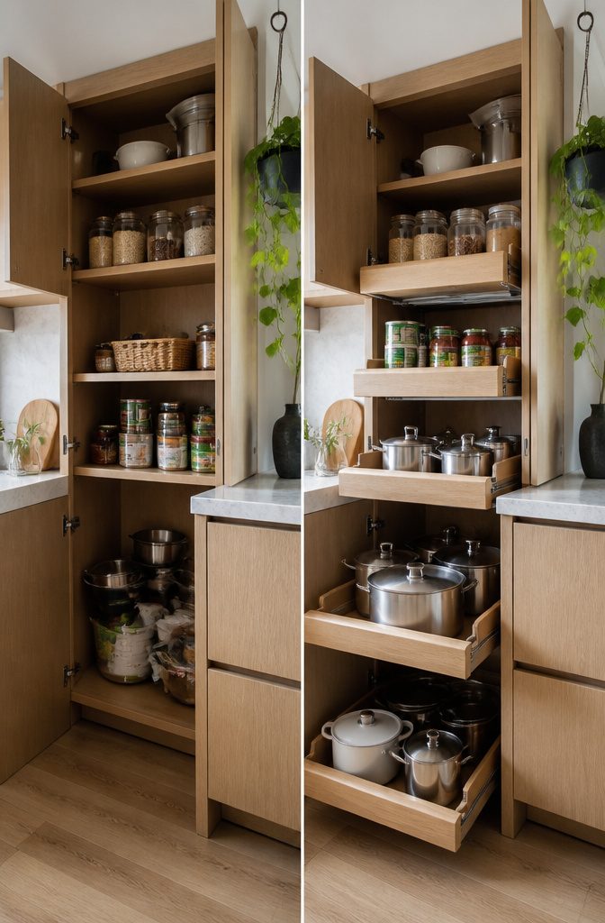 Pull-out shelves in a kitchen cabinet displaying various items.