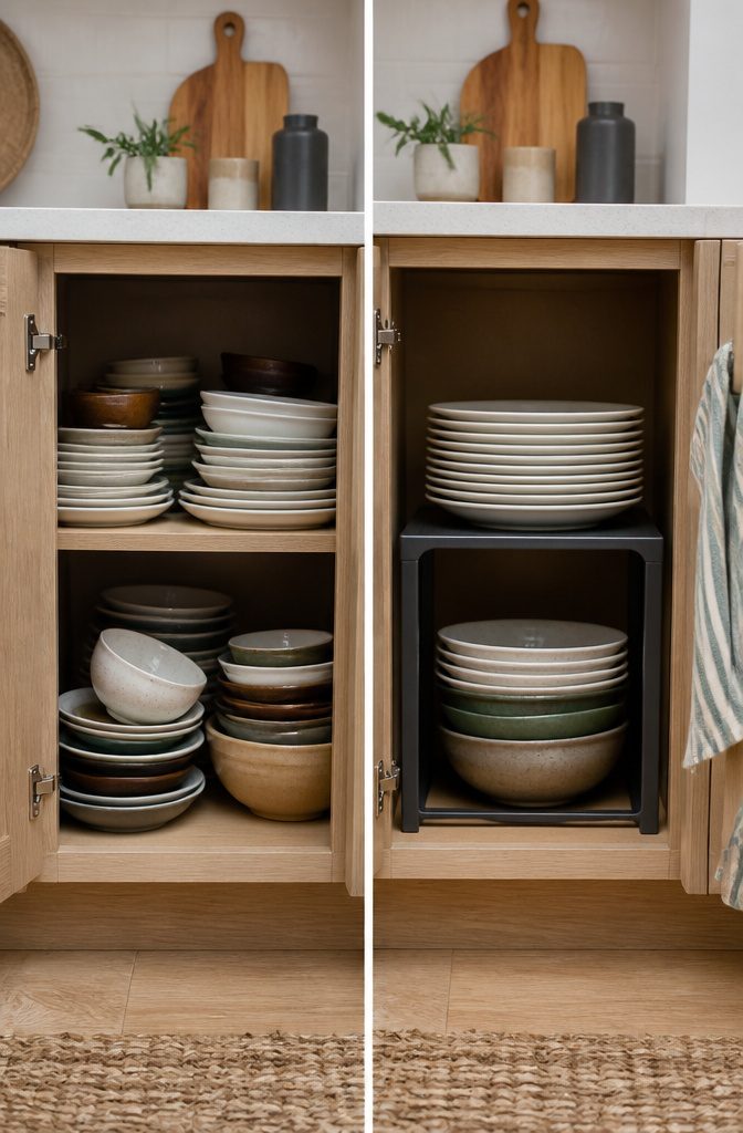 Metal stackable shelves holding plates in a kitchen cabinet.
