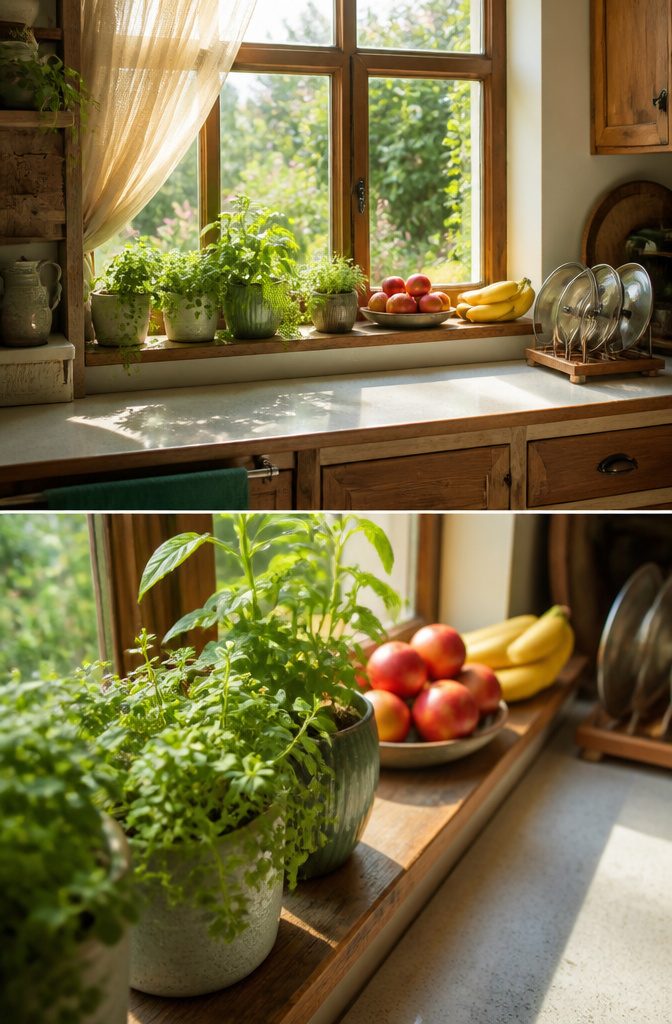 Kitchen window sill displaying plants and fresh fruit.