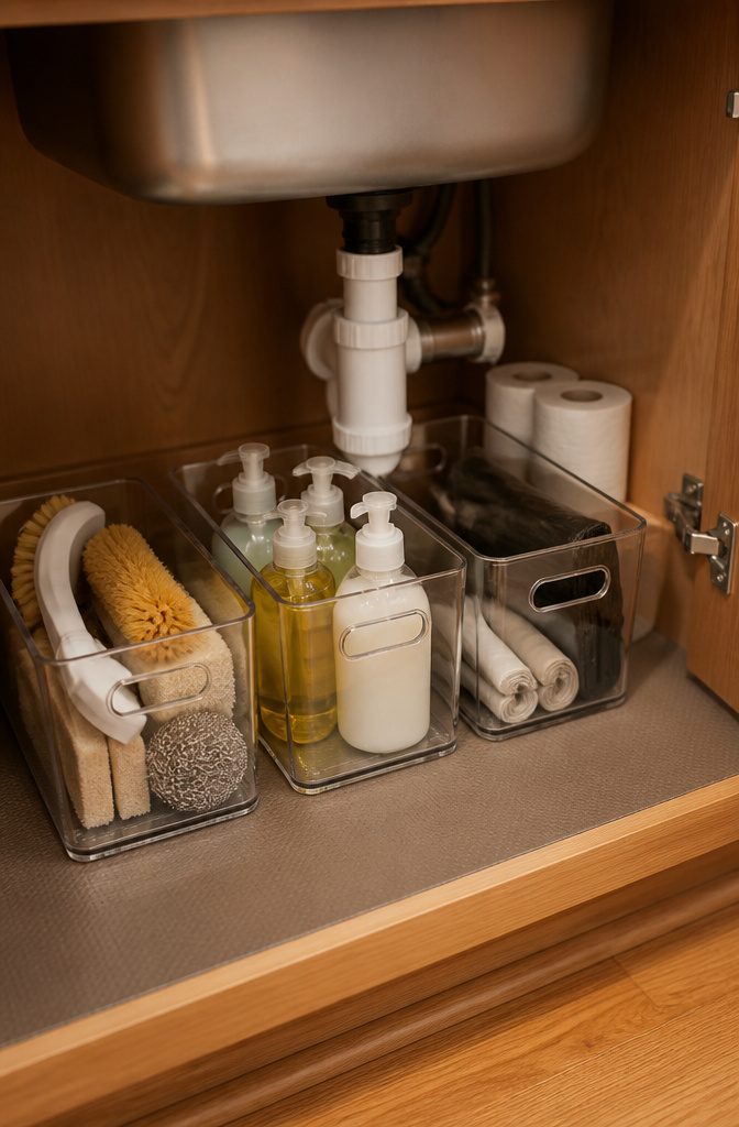 Handled caddies filled with cleaning supplies under a kitchen sink.