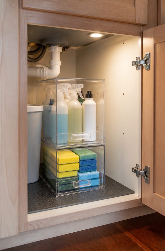 Stacked clear acrylic drawers containing colorful sponges and cleaning pads.