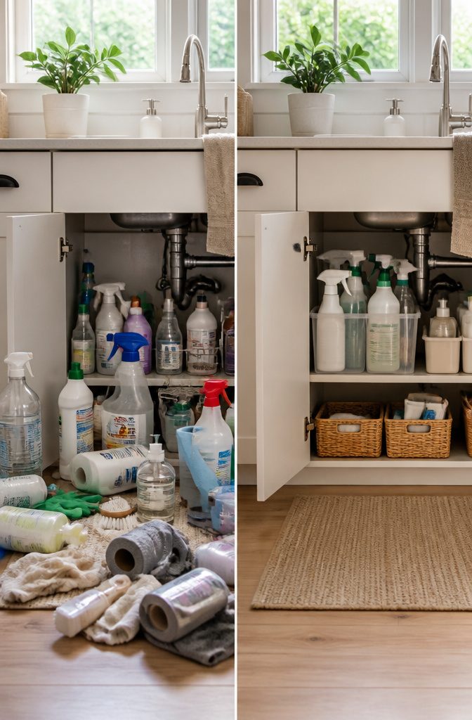 An empty kitchen sink cabinet ready for organization.