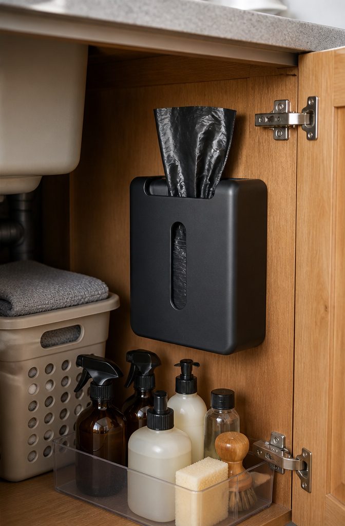 A mounted trash bag holder with a roll of garbage bags inside.