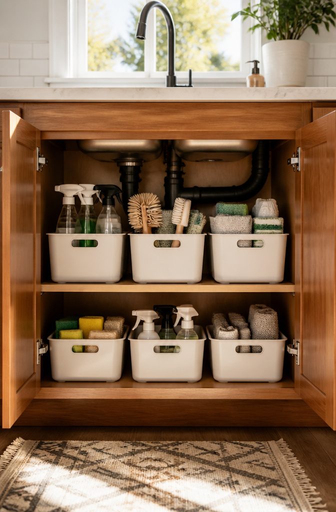 Labeled bins filled with cleaning items in an under-sink cabinet.