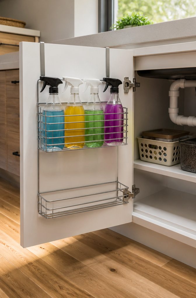 Spray bottles stored in an over-the-door organizer inside a cabinet.