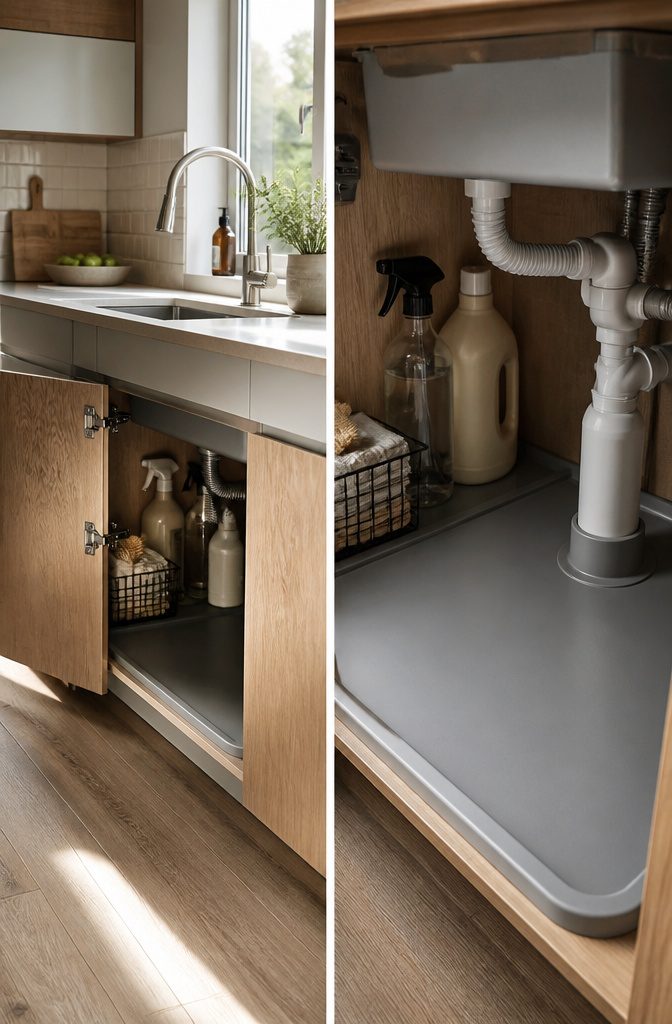 A waterproof mat with a raised lip in an under-sink cabinet.