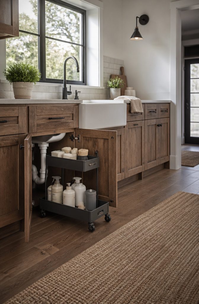 A rolling organizer under a sink with cleaning supplies.