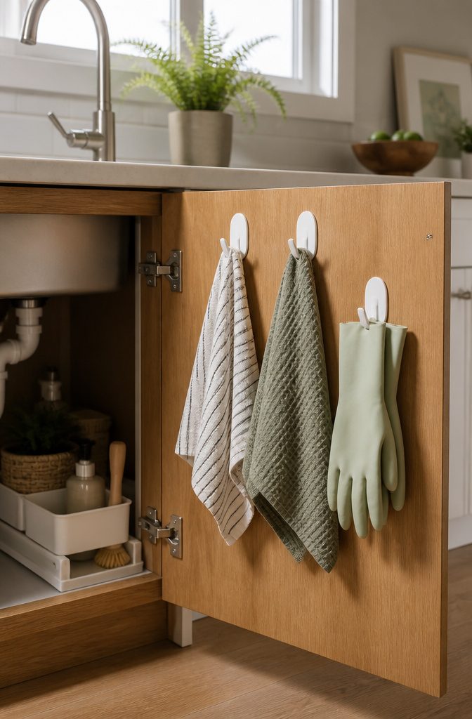 Adhesive hooks with dish towels and rubber gloves hanging on a cabinet door.