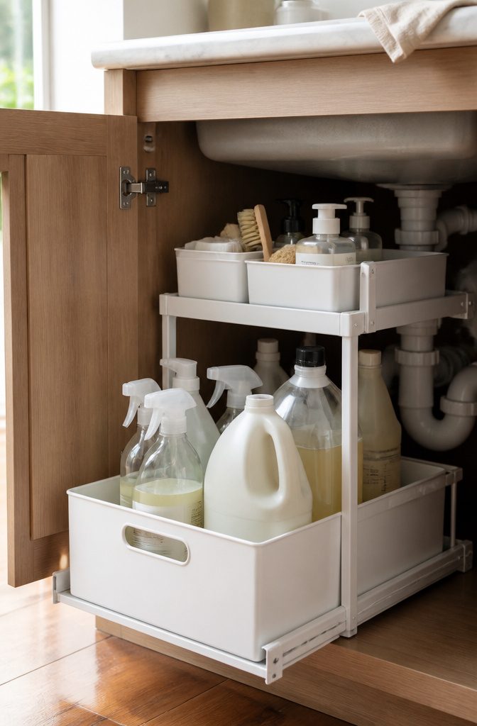 A two-tier organizer under a kitchen sink with cleaning products.