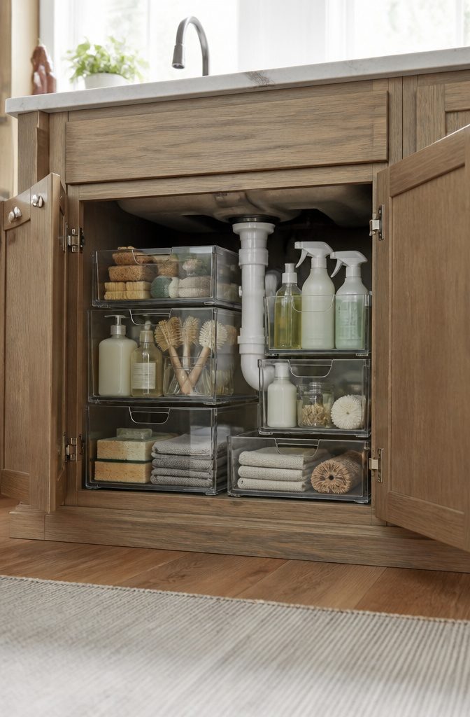 Stacked clear acrylic drawers under a kitchen sink.