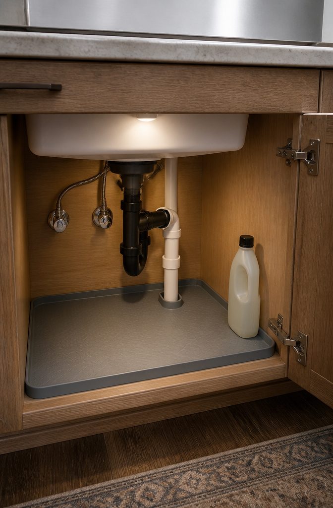 A silicone waterproof shelf liner with a raised lip in an under-sink cabinet.