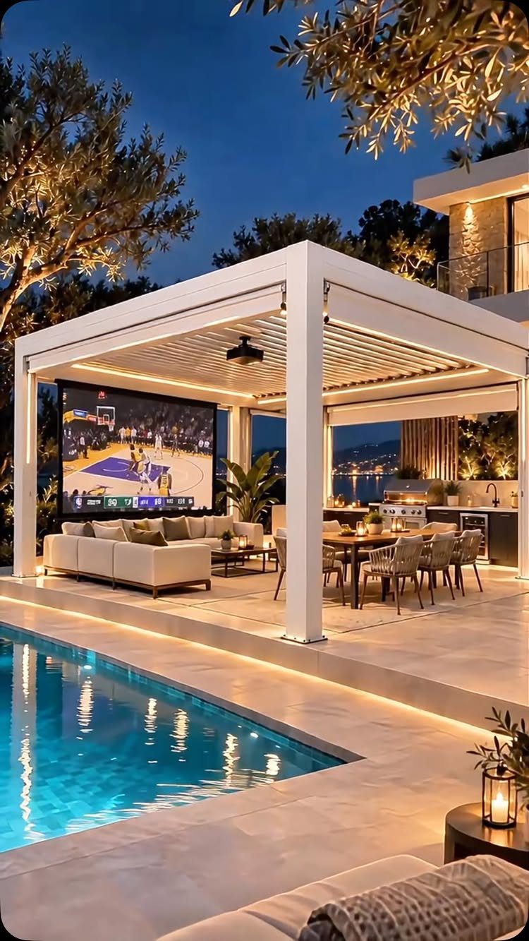 A large modern patio with a pergola, outdoor lounge, dining area, and a swimming pool.