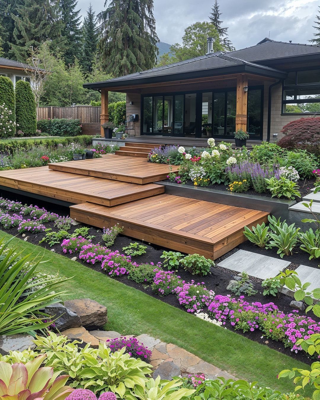 Multi-level wooden deck steps leading through a vibrant garden with pink and purple flowers.