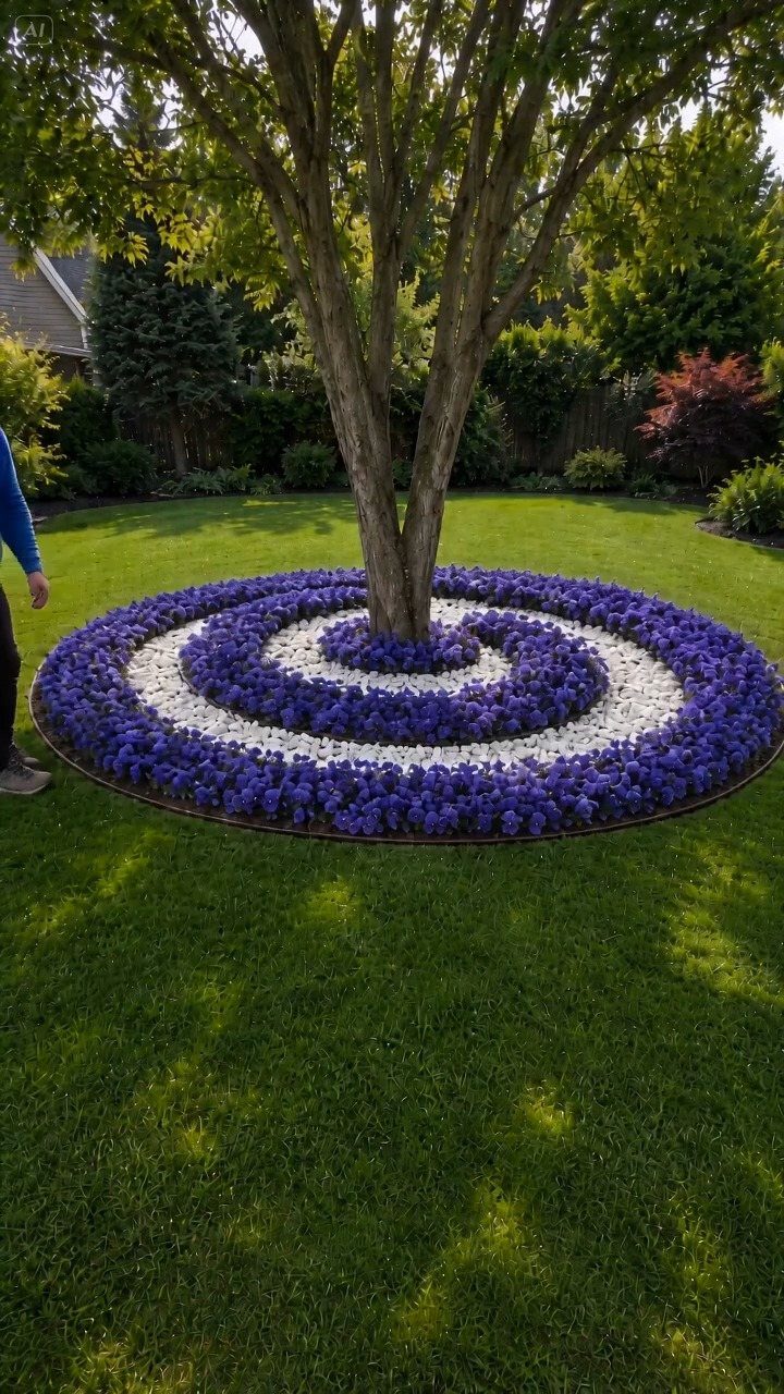 A tree surrounded by a circular flower bed with purple and white spiral patterns.