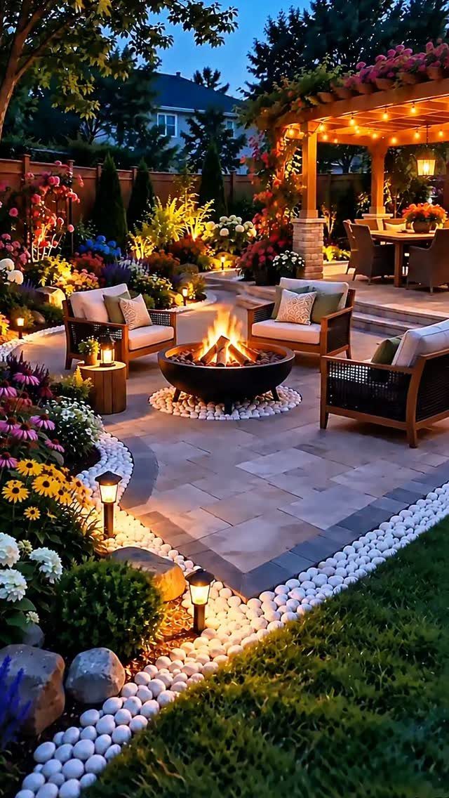 A stone patio with a glowing fire pit surrounded by comfortable outdoor armchairs and garden lighting.