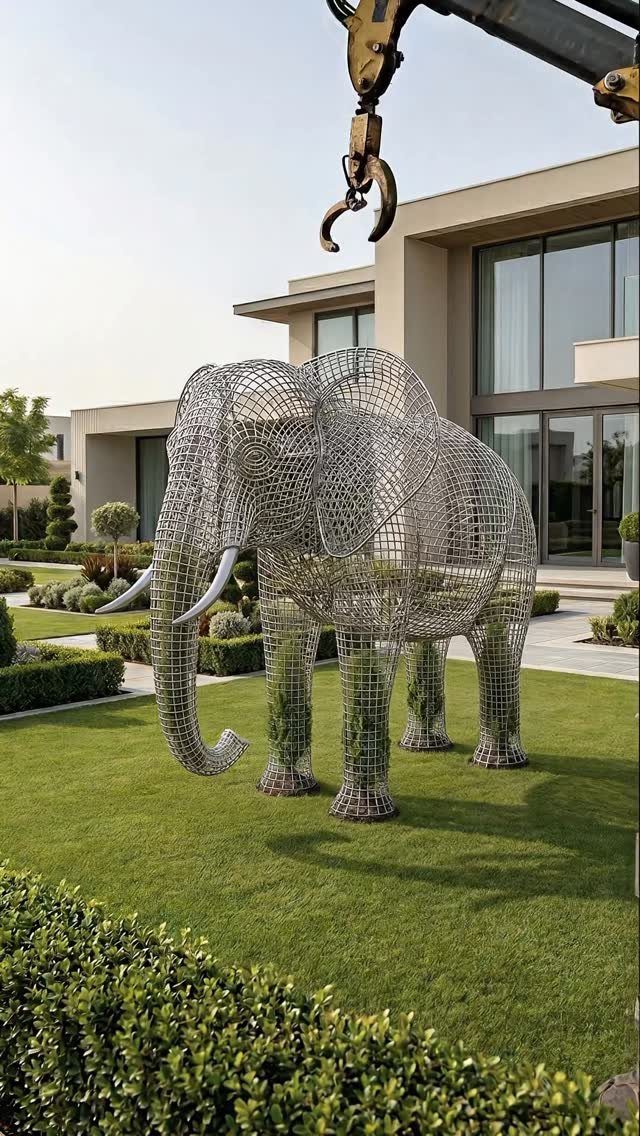 A large wire mesh elephant sculpture being installed on a green lawn in a backyard.