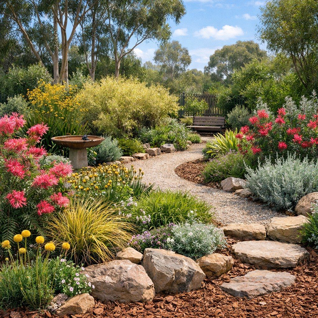 A winding gravel garden path surrounded by diverse flowering shrubs, rocks, and tall trees.