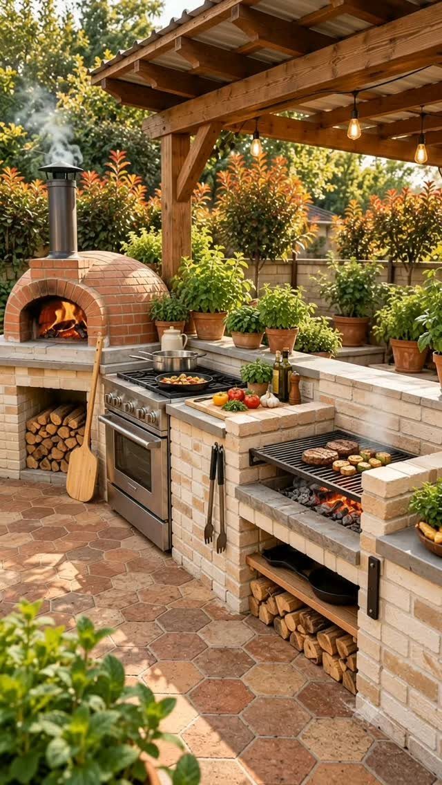 Outdoor kitchen with a brick pizza oven, built-in grill, and potted plants on a stone patio.