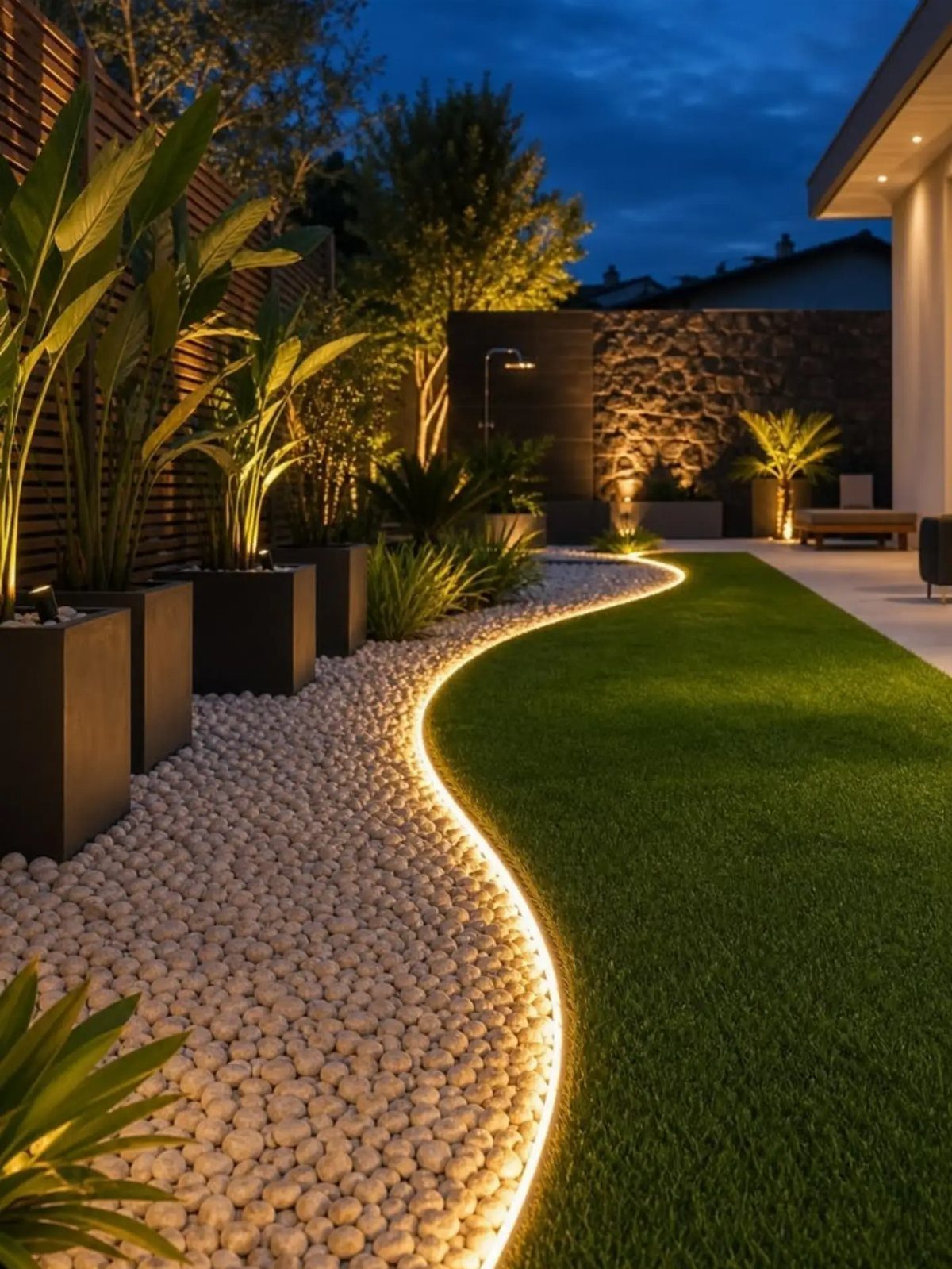 A winding pebble pathway illuminated by a glowing LED light strip in a modern garden.