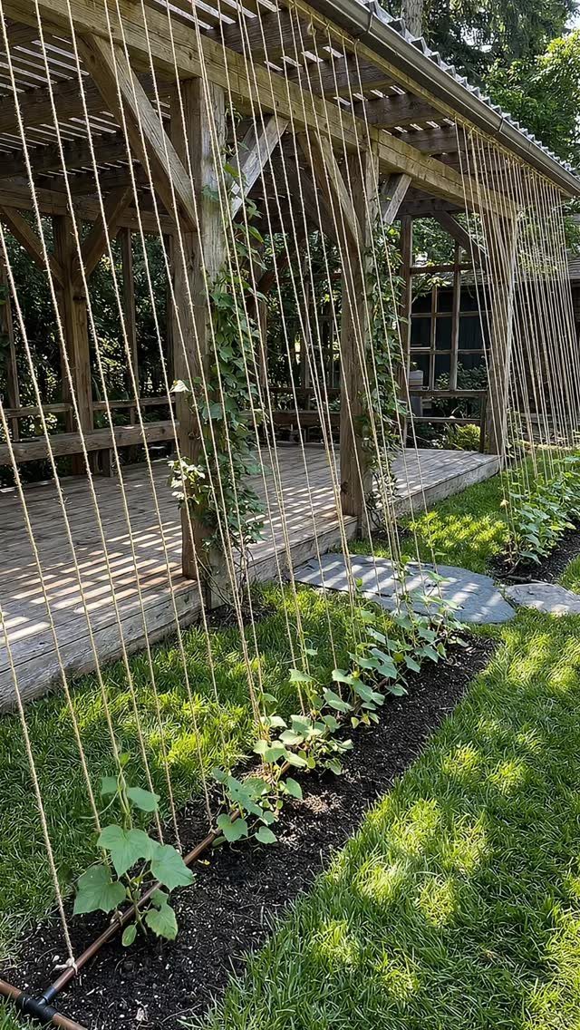 Vertical ropes hang from a wooden pergola to support climbing plants in a garden bed.