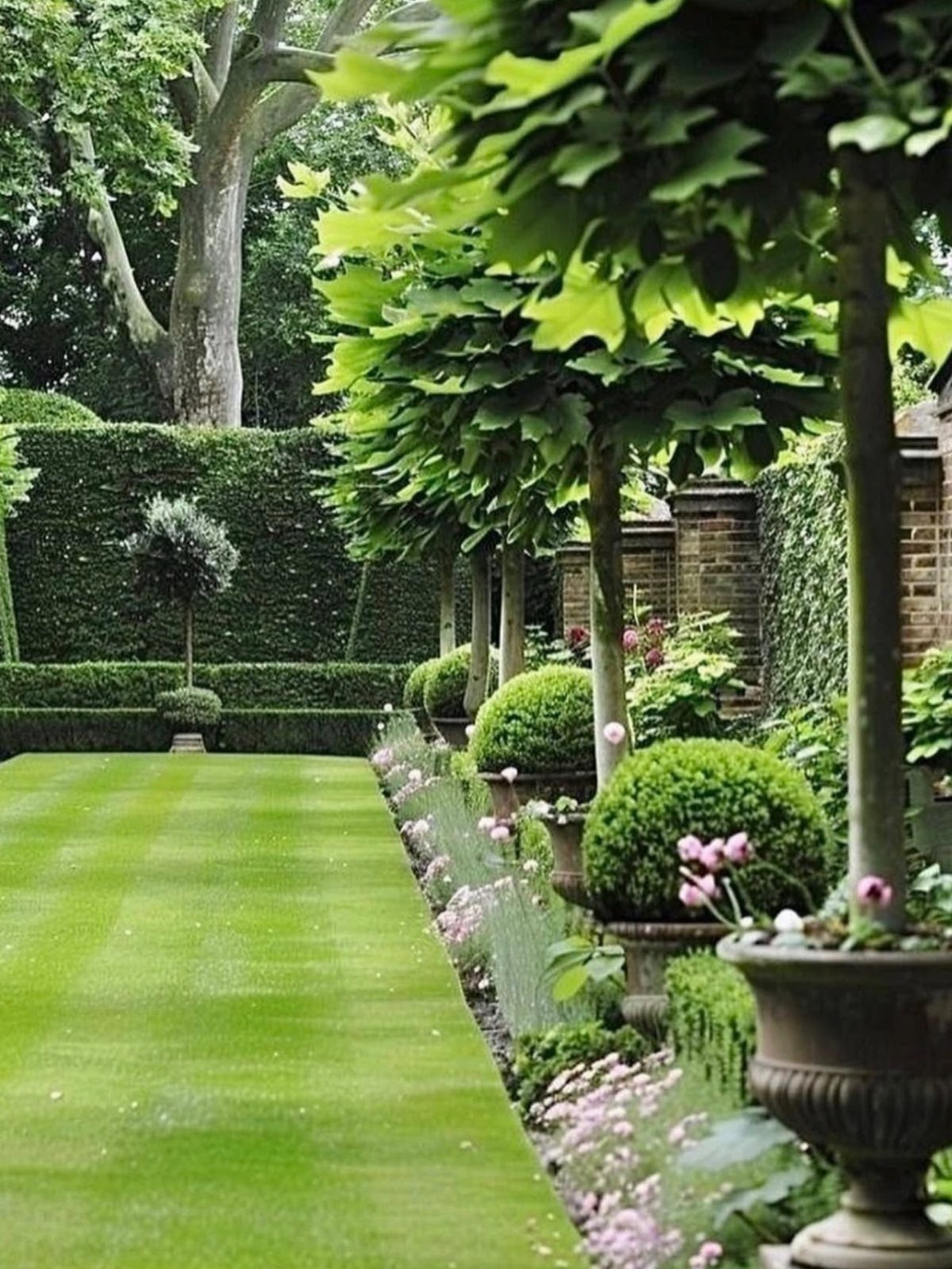 11 Large Potted Plants Outdoor Patios and Entryways Love 9 Manicured green garden with a striped lawn, shaped trees in urns, and rounded shrubs.