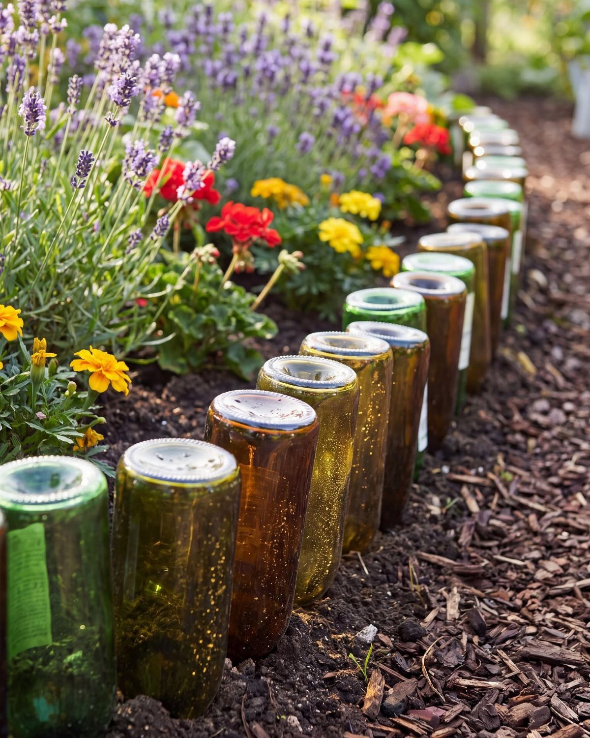 16 Lawn Border Ideas from Steel to Glass Bottle Edges 9 Recycled glass bottles of various colors used as a decorative garden border in dark soil.